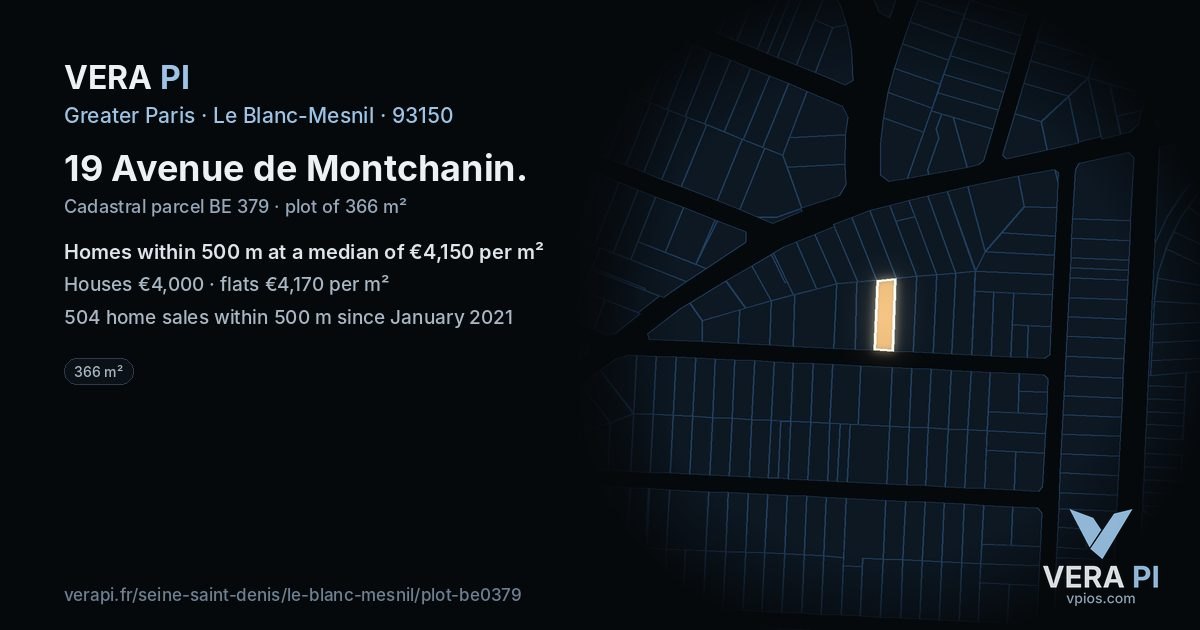 19 Avenue de Montchanin, Le Blanc-Mesnil at night – the plot lit, the parcels around coloured by the prices near them