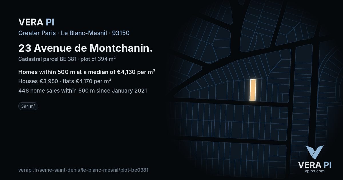 23 Avenue de Montchanin, Le Blanc-Mesnil at night – the plot lit, the parcels around coloured by the prices near them