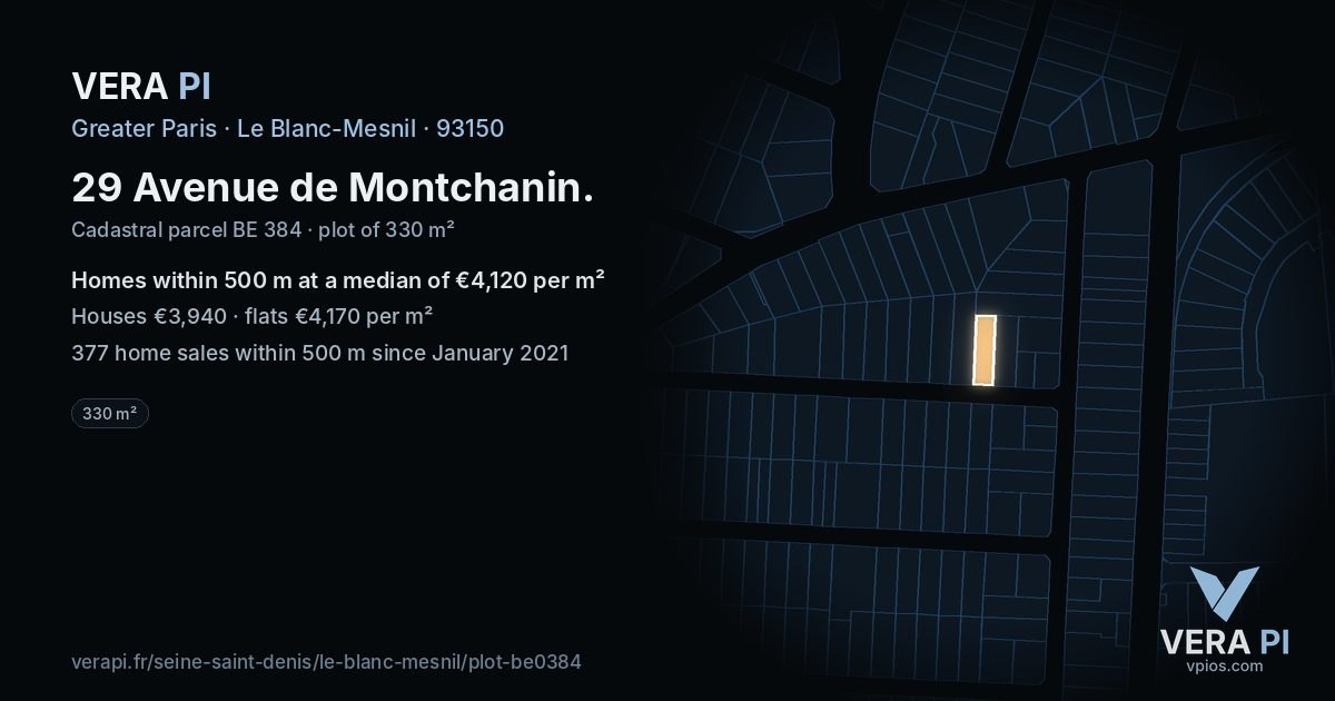 29 Avenue de Montchanin, Le Blanc-Mesnil at night – the plot lit, the parcels around coloured by the prices near them