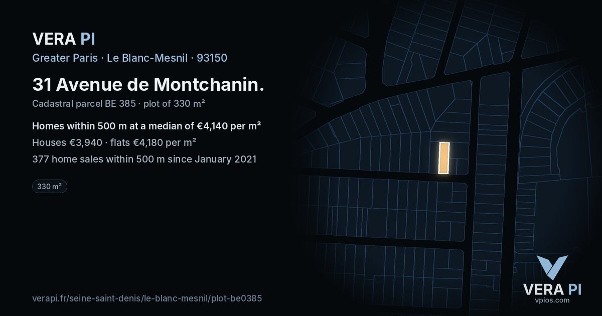 31 Avenue de Montchanin, Le Blanc-Mesnil at night – the plot lit, the parcels around coloured by the prices near them
