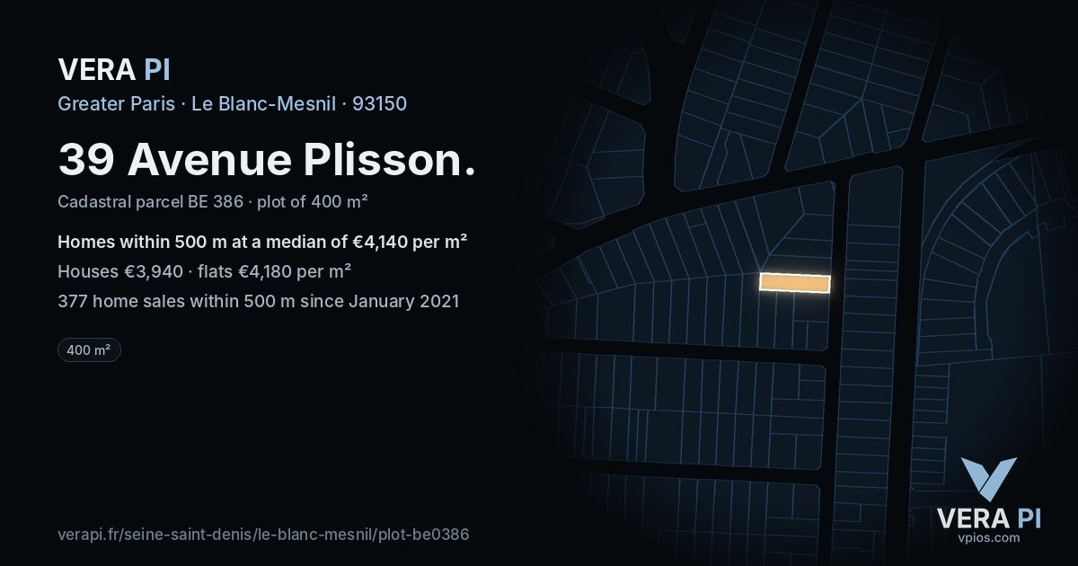 39 Avenue Plisson, Le Blanc-Mesnil at night – the plot lit, the parcels around coloured by the prices near them