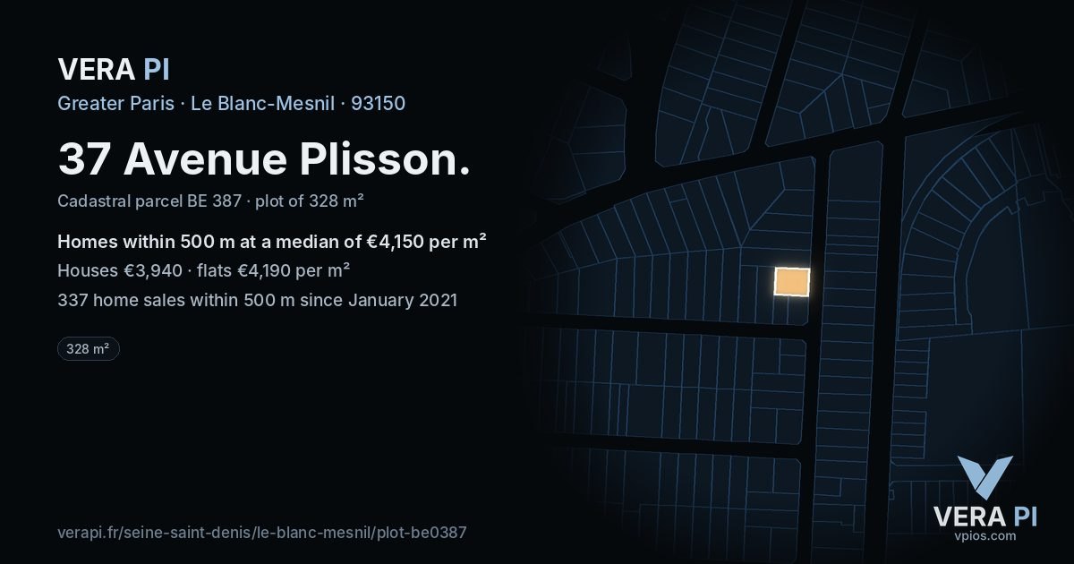 37 Avenue Plisson, Le Blanc-Mesnil at night – the plot lit, the parcels around coloured by the prices near them