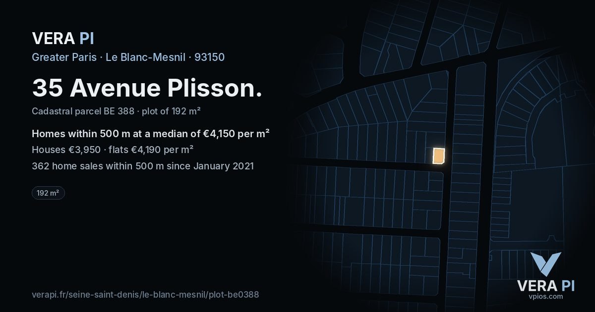 35 Avenue Plisson, Le Blanc-Mesnil at night – the plot lit, the parcels around coloured by the prices near them