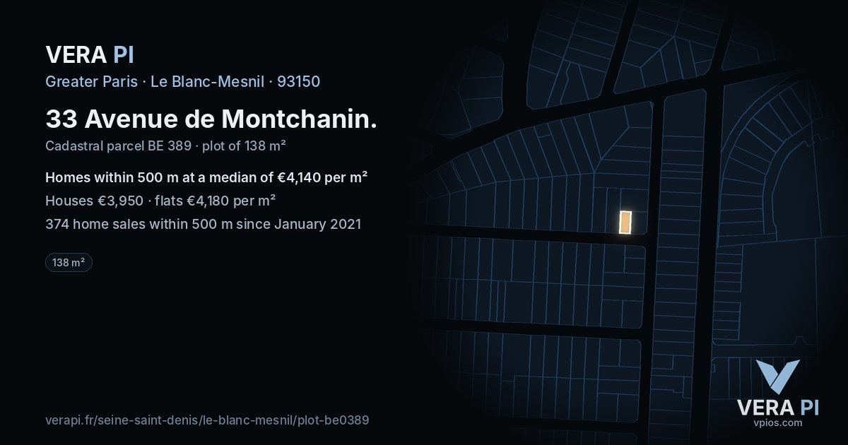 33 Avenue de Montchanin, Le Blanc-Mesnil at night – the plot lit, the parcels around coloured by the prices near them