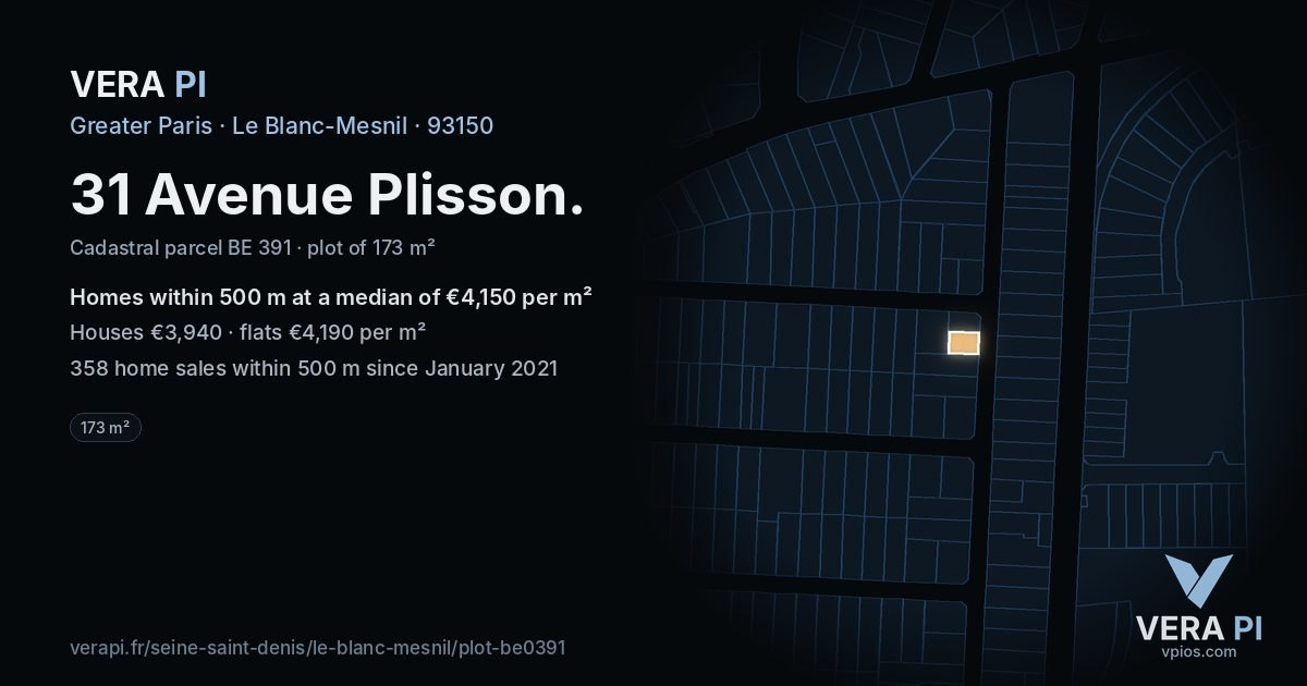 31 Avenue Plisson, Le Blanc-Mesnil at night – the plot lit, the parcels around coloured by the prices near them