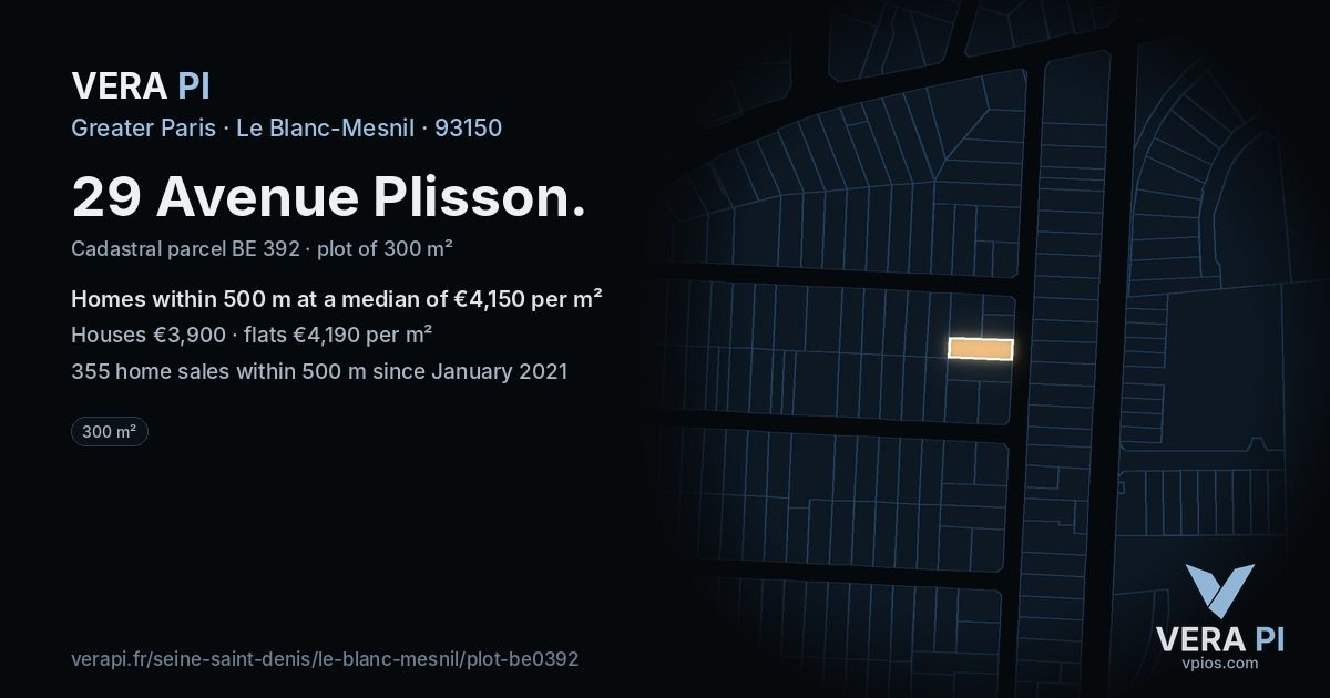 29 Avenue Plisson, Le Blanc-Mesnil at night – the plot lit, the parcels around coloured by the prices near them