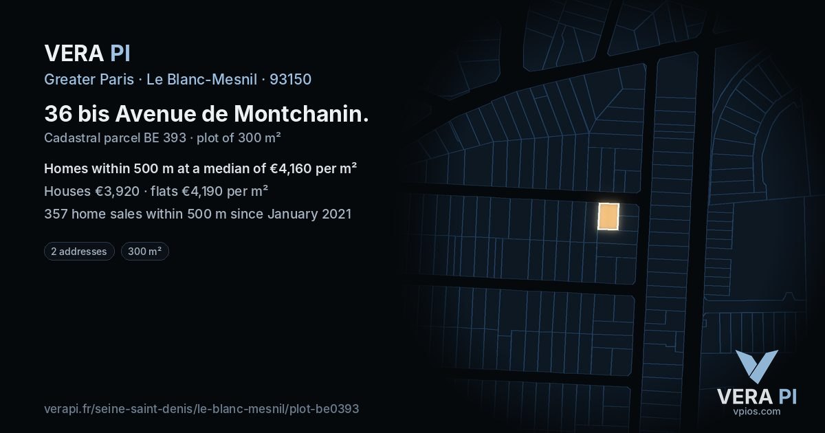 36 bis Avenue de Montchanin, Le Blanc-Mesnil at night – the plot lit, the parcels around coloured by the prices near them