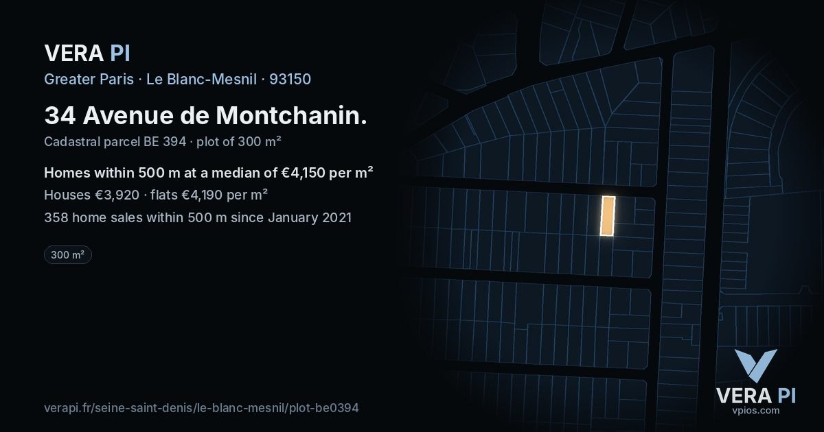 34 Avenue de Montchanin, Le Blanc-Mesnil at night – the plot lit, the parcels around coloured by the prices near them