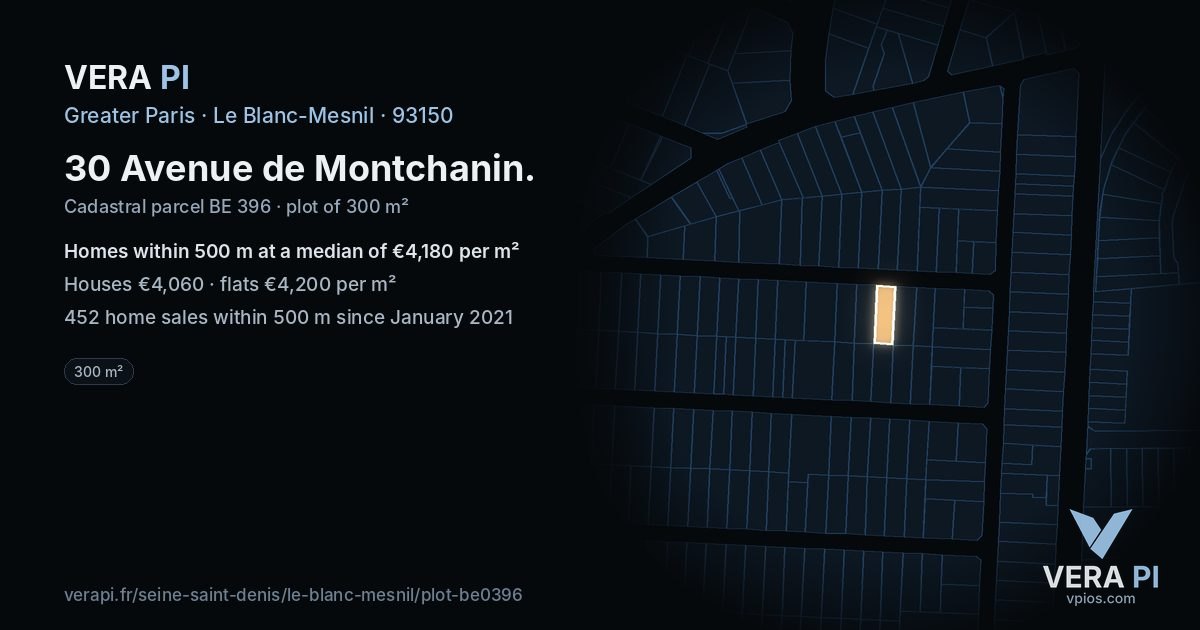 30 Avenue de Montchanin, Le Blanc-Mesnil at night – the plot lit, the parcels around coloured by the prices near them