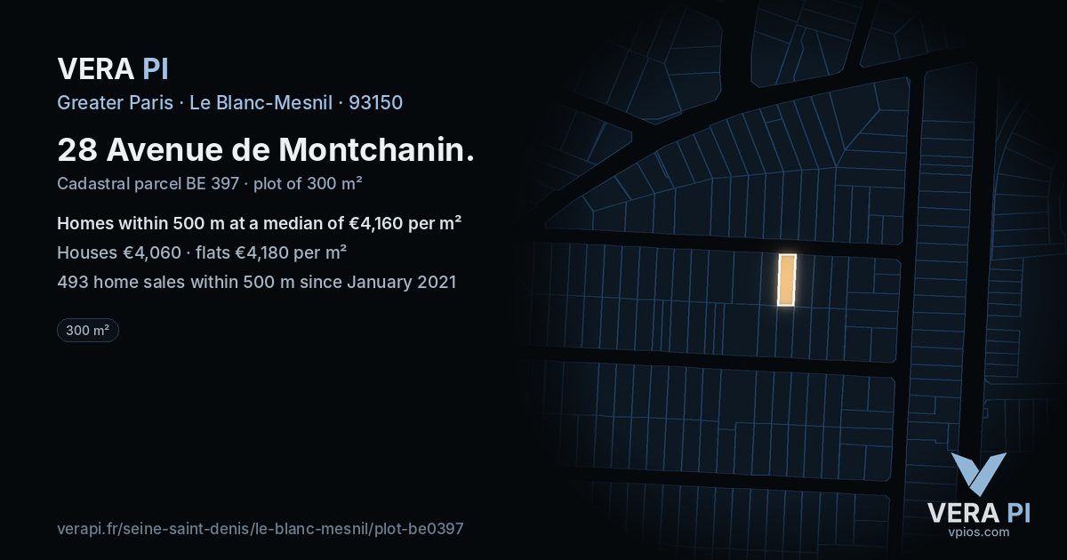 28 Avenue de Montchanin, Le Blanc-Mesnil at night – the plot lit, the parcels around coloured by the prices near them