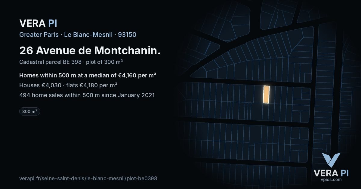 26 Avenue de Montchanin, Le Blanc-Mesnil at night – the plot lit, the parcels around coloured by the prices near them