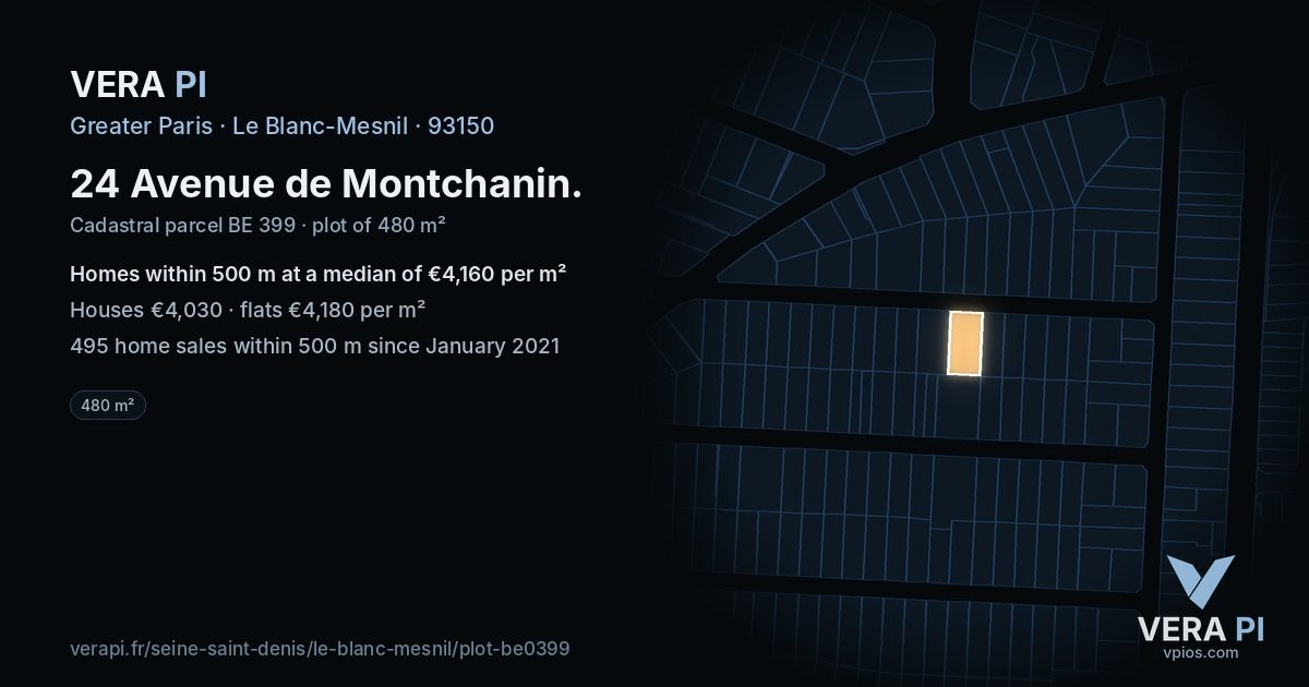 24 Avenue de Montchanin, Le Blanc-Mesnil at night – the plot lit, the parcels around coloured by the prices near them