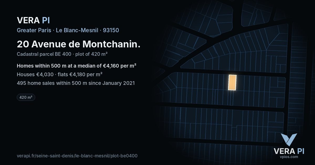 20 Avenue de Montchanin, Le Blanc-Mesnil at night – the plot lit, the parcels around coloured by the prices near them