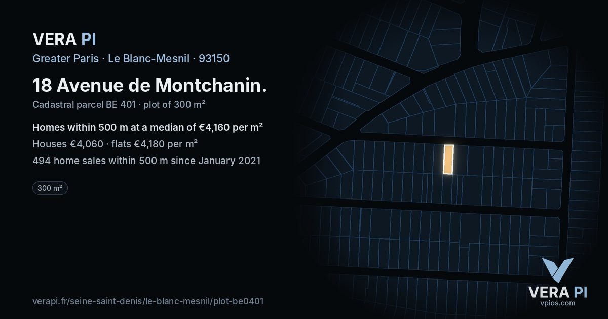 18 Avenue de Montchanin, Le Blanc-Mesnil at night – the plot lit, the parcels around coloured by the prices near them