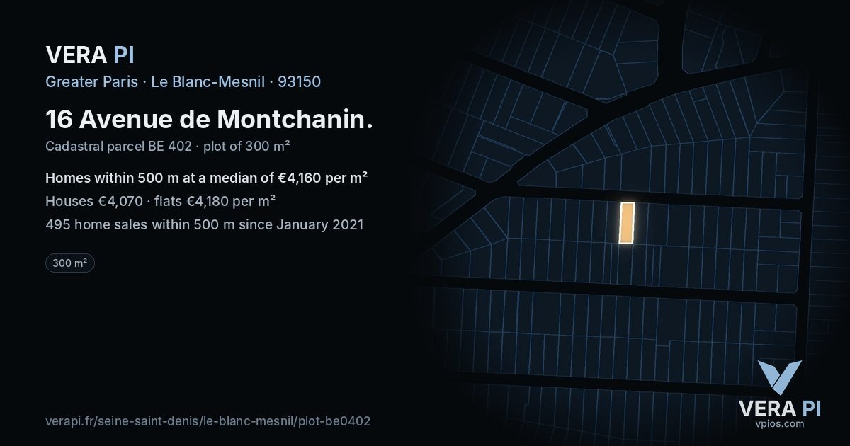 16 Avenue de Montchanin, Le Blanc-Mesnil at night – the plot lit, the parcels around coloured by the prices near them