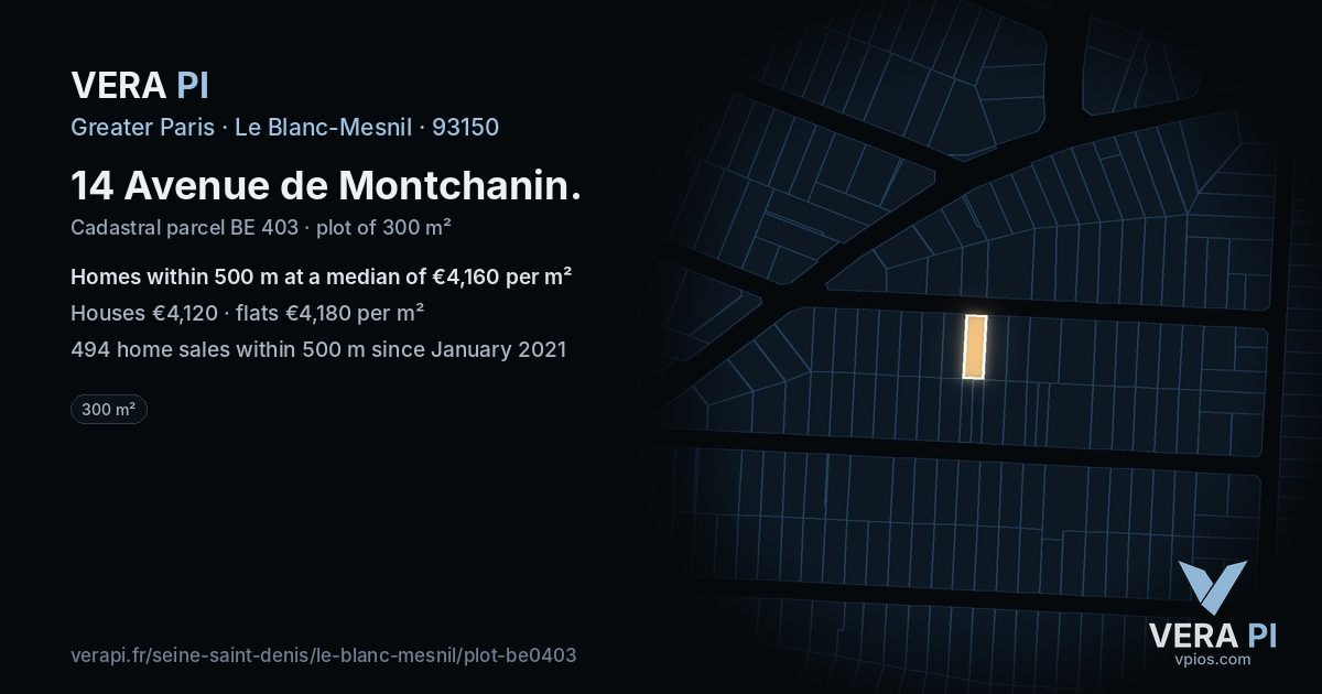 14 Avenue de Montchanin, Le Blanc-Mesnil at night – the plot lit, the parcels around coloured by the prices near them