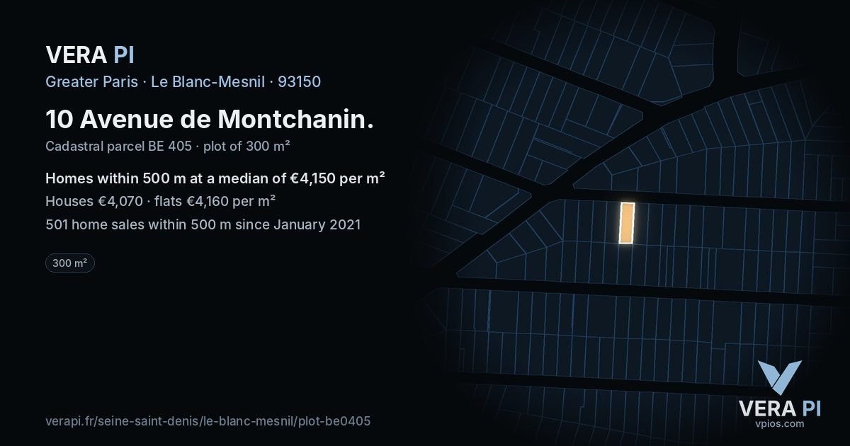10 Avenue de Montchanin, Le Blanc-Mesnil at night – the plot lit, the parcels around coloured by the prices near them