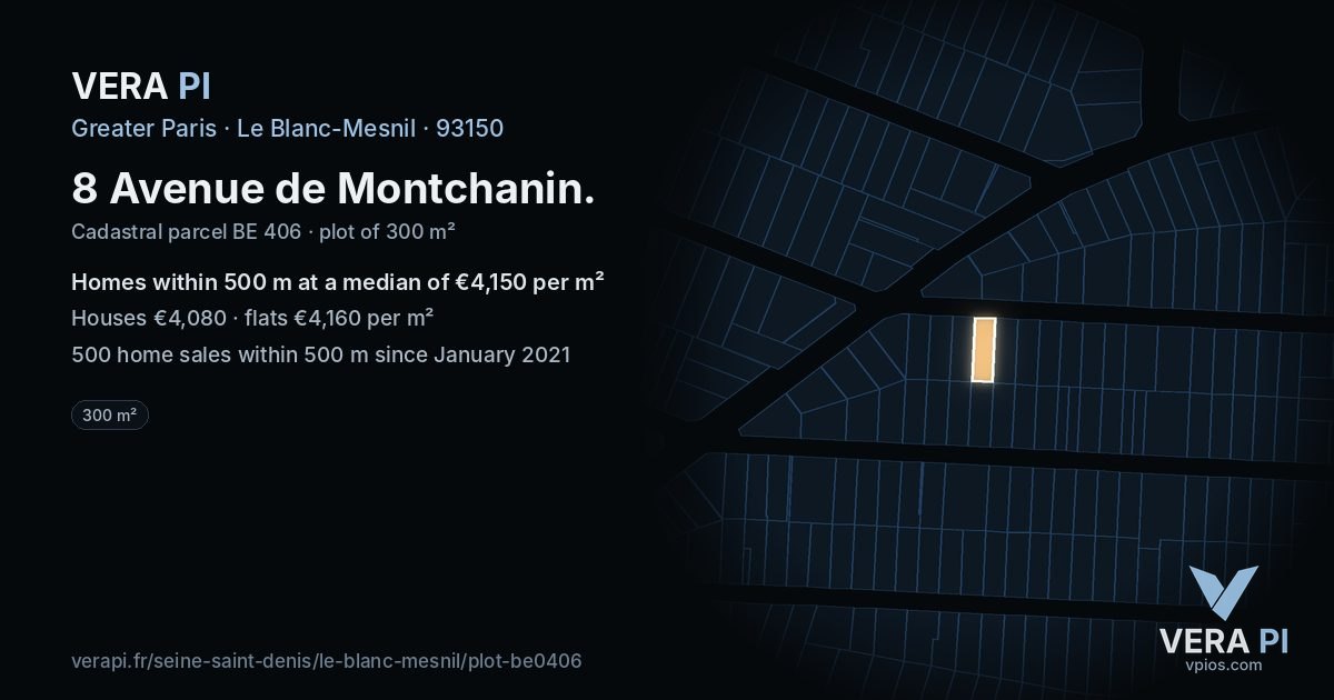 8 Avenue de Montchanin, Le Blanc-Mesnil at night – the plot lit, the parcels around coloured by the prices near them