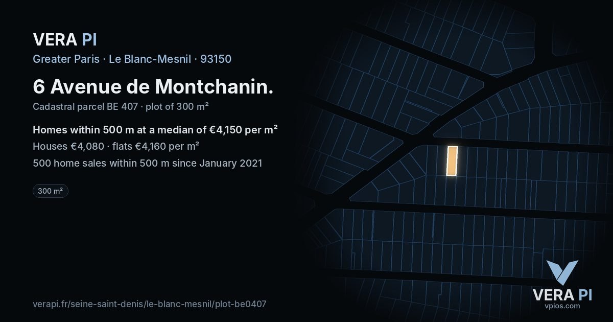 6 Avenue de Montchanin, Le Blanc-Mesnil at night – the plot lit, the parcels around coloured by the prices near them