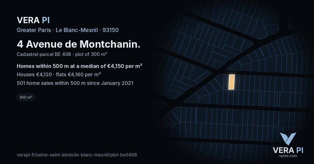 4 Avenue de Montchanin, Le Blanc-Mesnil at night – the plot lit, the parcels around coloured by the prices near them