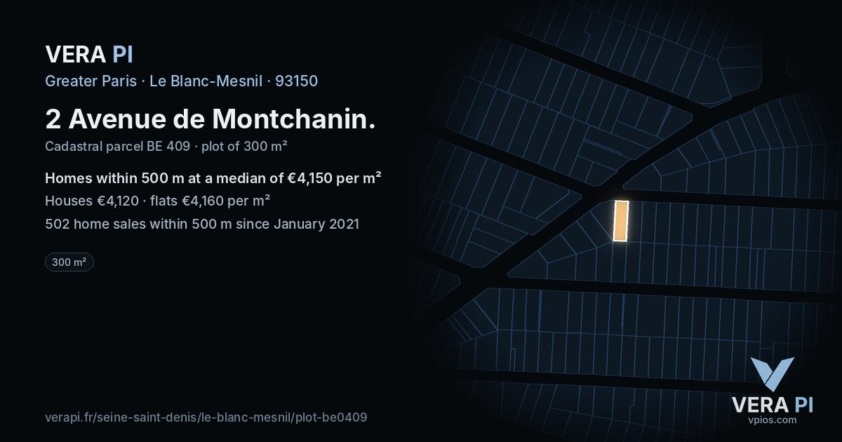 2 Avenue de Montchanin, Le Blanc-Mesnil at night – the plot lit, the parcels around coloured by the prices near them