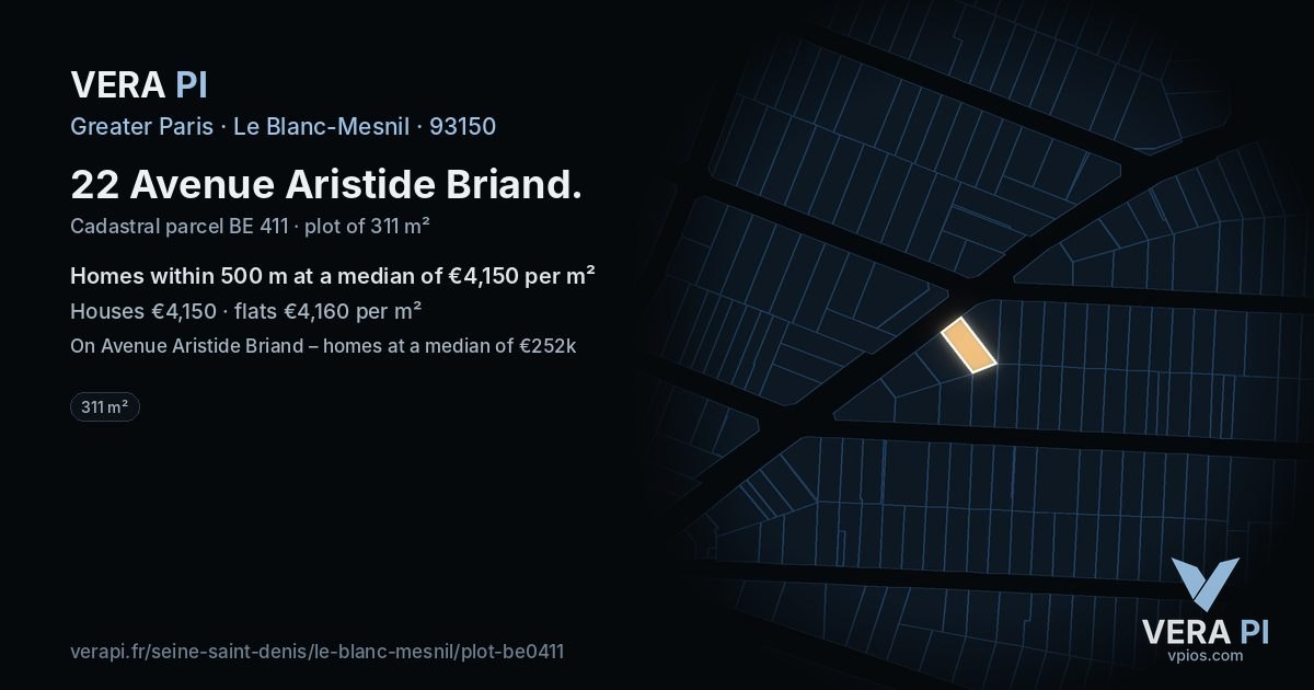 22 Avenue Aristide Briand, Le Blanc-Mesnil at night – the plot lit, the parcels around coloured by the prices near them