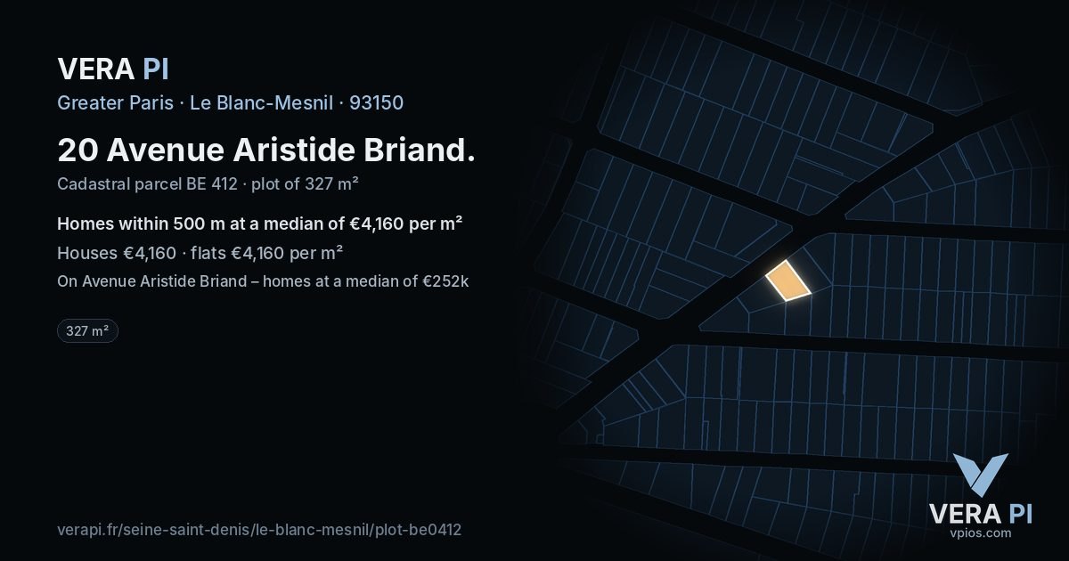 20 Avenue Aristide Briand, Le Blanc-Mesnil at night – the plot lit, the parcels around coloured by the prices near them