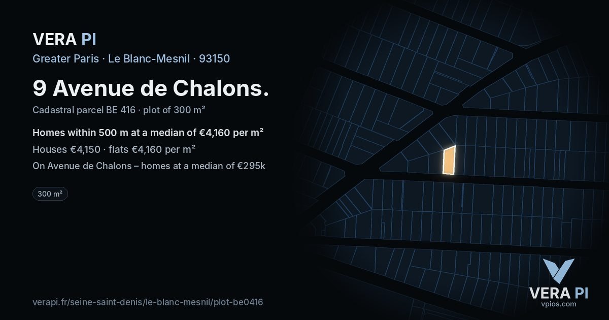 9 Avenue de Chalons, Le Blanc-Mesnil at night – the plot lit, the parcels around coloured by the prices near them