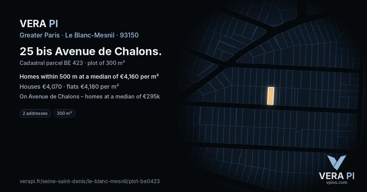 25 bis Avenue de Chalons, Le Blanc-Mesnil at night – the plot lit, the parcels around coloured by the prices near them