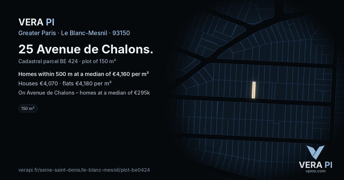 25 Avenue de Chalons, Le Blanc-Mesnil at night – the plot lit, the parcels around coloured by the prices near them