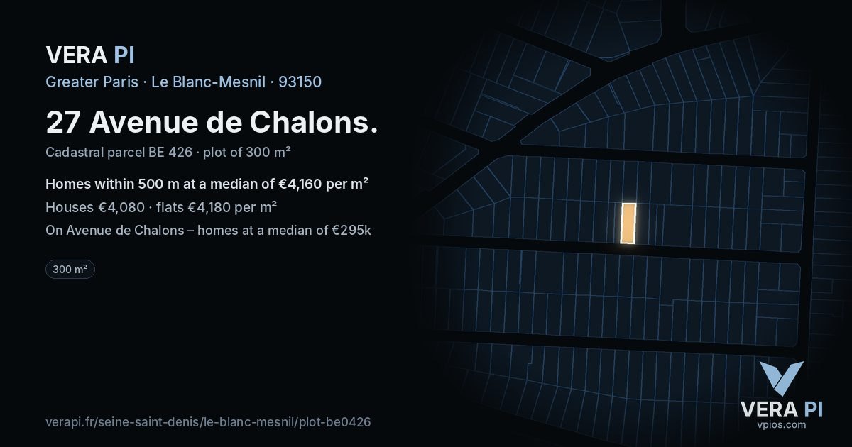 27 Avenue de Chalons, Le Blanc-Mesnil at night – the plot lit, the parcels around coloured by the prices near them