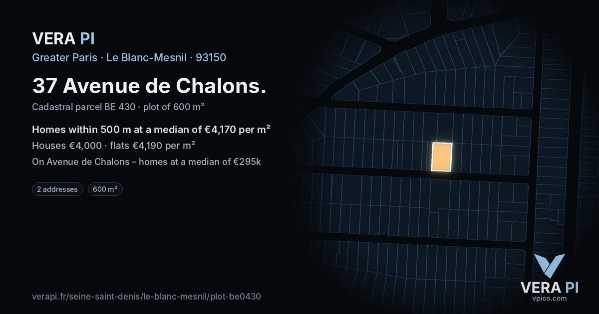 37 Avenue de Chalons, Le Blanc-Mesnil at night – the plot lit, the parcels around coloured by the prices near them
