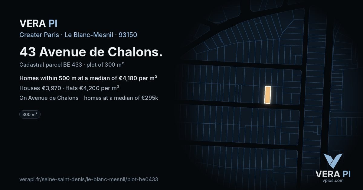 43 Avenue de Chalons, Le Blanc-Mesnil at night – the plot lit, the parcels around coloured by the prices near them