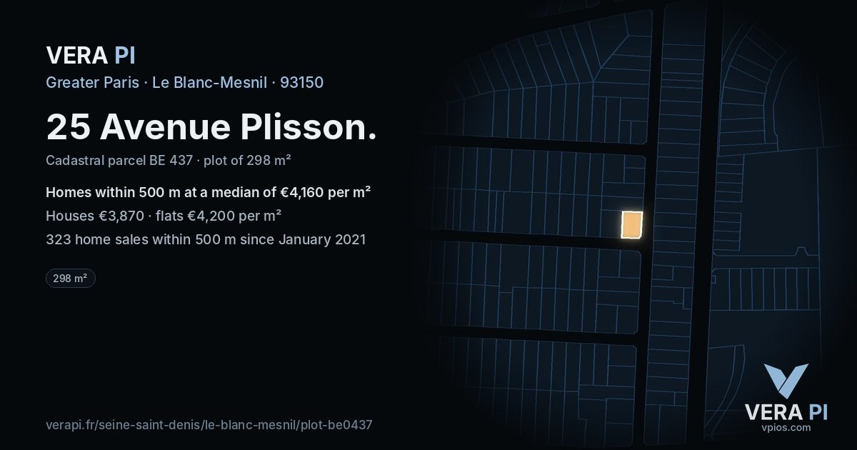 25 Avenue Plisson, Le Blanc-Mesnil at night – the plot lit, the parcels around coloured by the prices near them