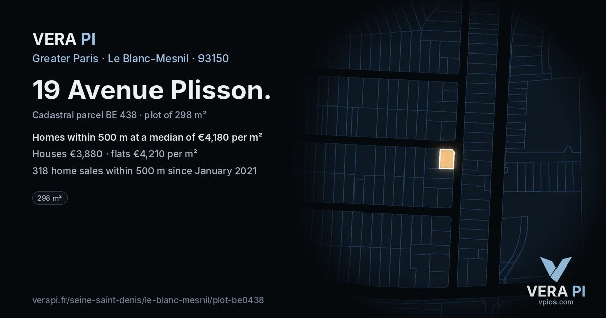 19 Avenue Plisson, Le Blanc-Mesnil at night – the plot lit, the parcels around coloured by the prices near them