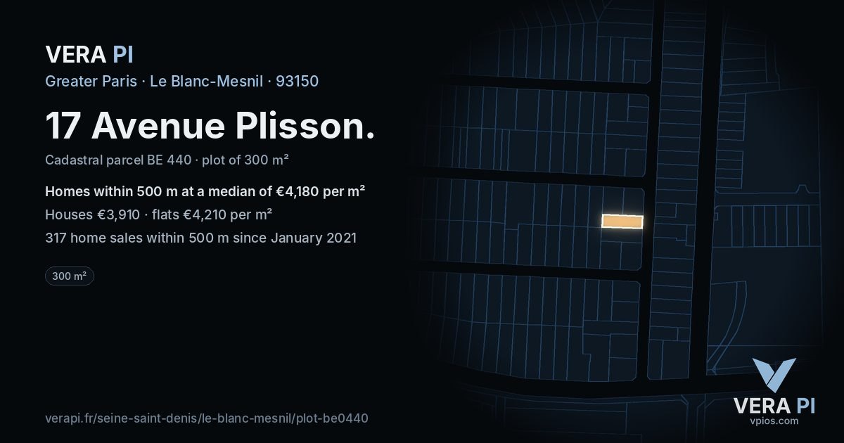 17 Avenue Plisson, Le Blanc-Mesnil at night – the plot lit, the parcels around coloured by the prices near them