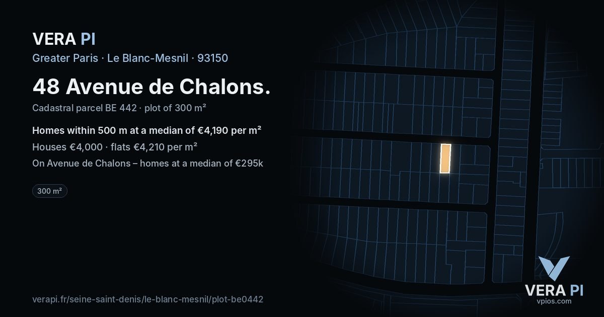 48 Avenue de Chalons, Le Blanc-Mesnil at night – the plot lit, the parcels around coloured by the prices near them