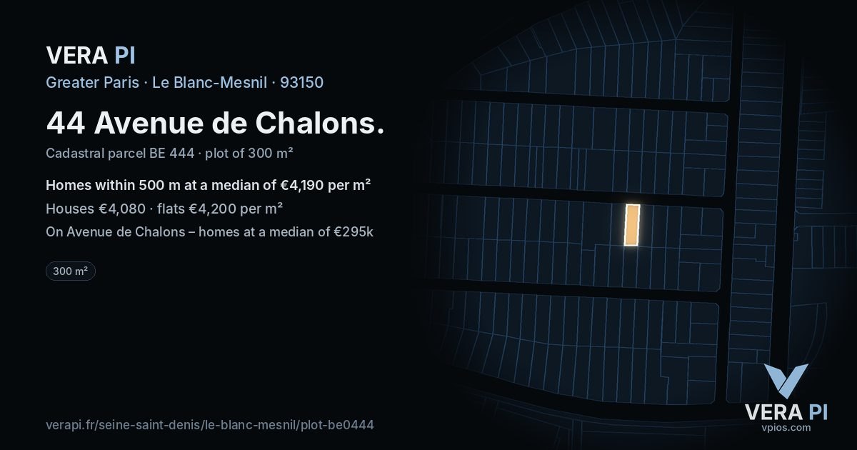 44 Avenue de Chalons, Le Blanc-Mesnil at night – the plot lit, the parcels around coloured by the prices near them