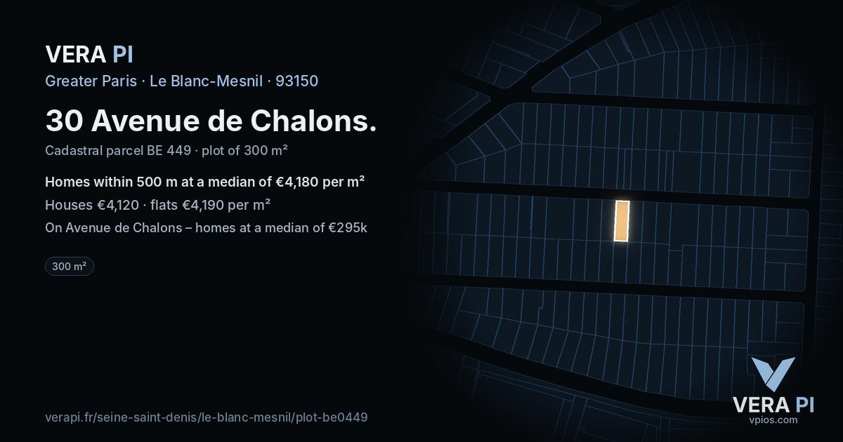 30 Avenue de Chalons, Le Blanc-Mesnil at night – the plot lit, the parcels around coloured by the prices near them