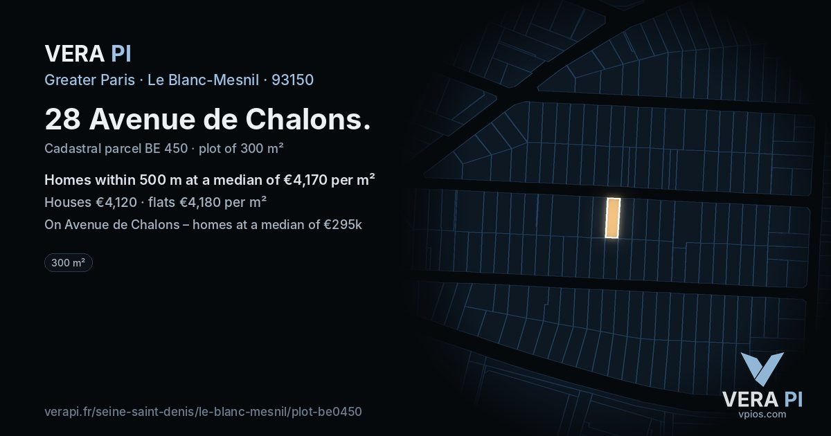 28 Avenue de Chalons, Le Blanc-Mesnil at night – the plot lit, the parcels around coloured by the prices near them