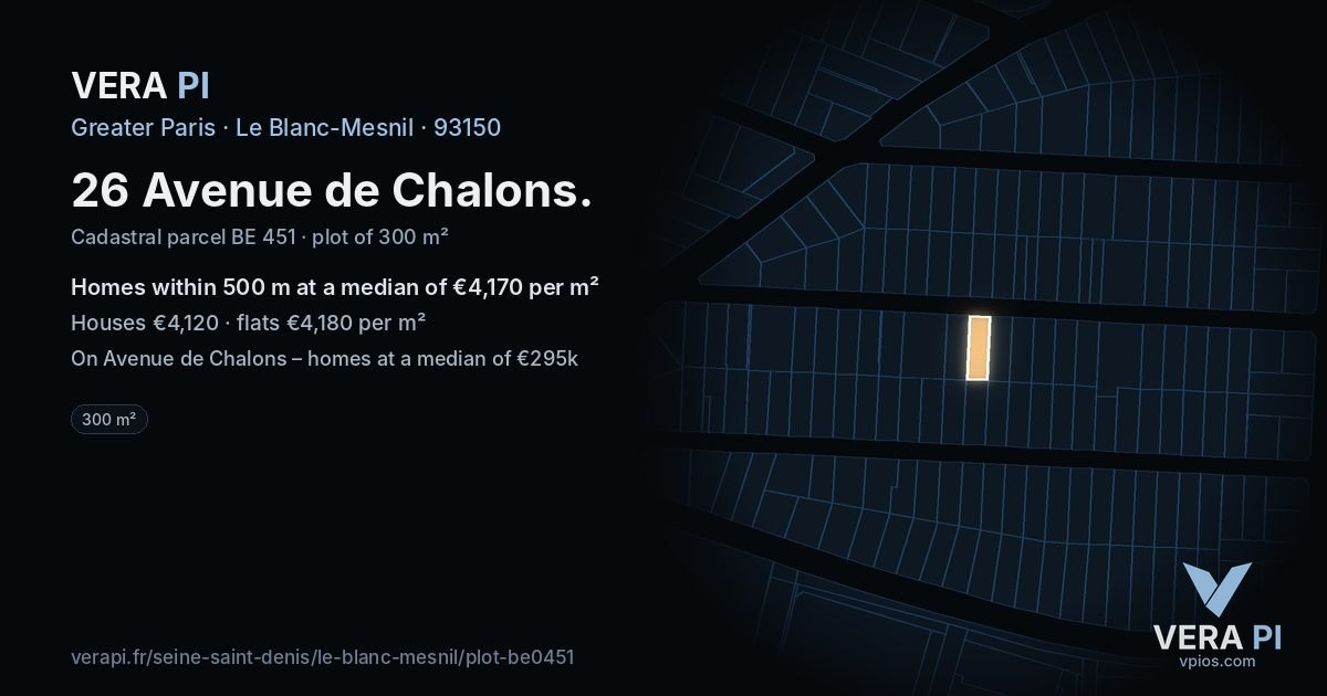 26 Avenue de Chalons, Le Blanc-Mesnil at night – the plot lit, the parcels around coloured by the prices near them
