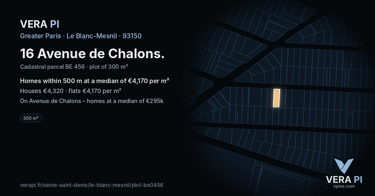 16 Avenue de Chalons, Le Blanc-Mesnil at night – the plot lit, the parcels around coloured by the prices near them