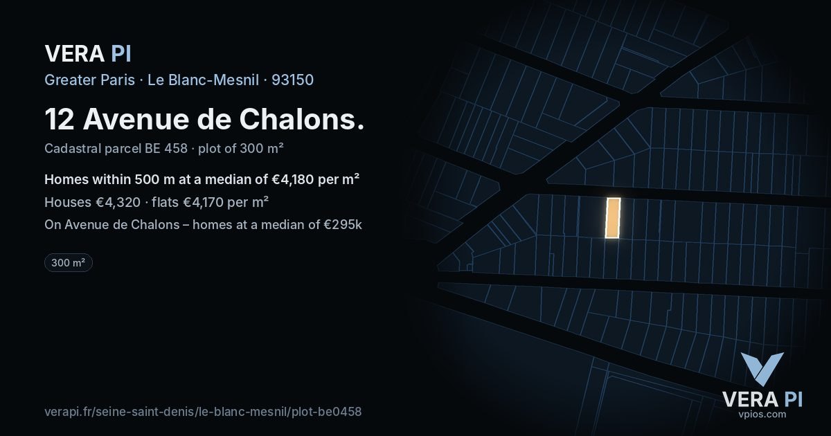12 Avenue de Chalons, Le Blanc-Mesnil at night – the plot lit, the parcels around coloured by the prices near them