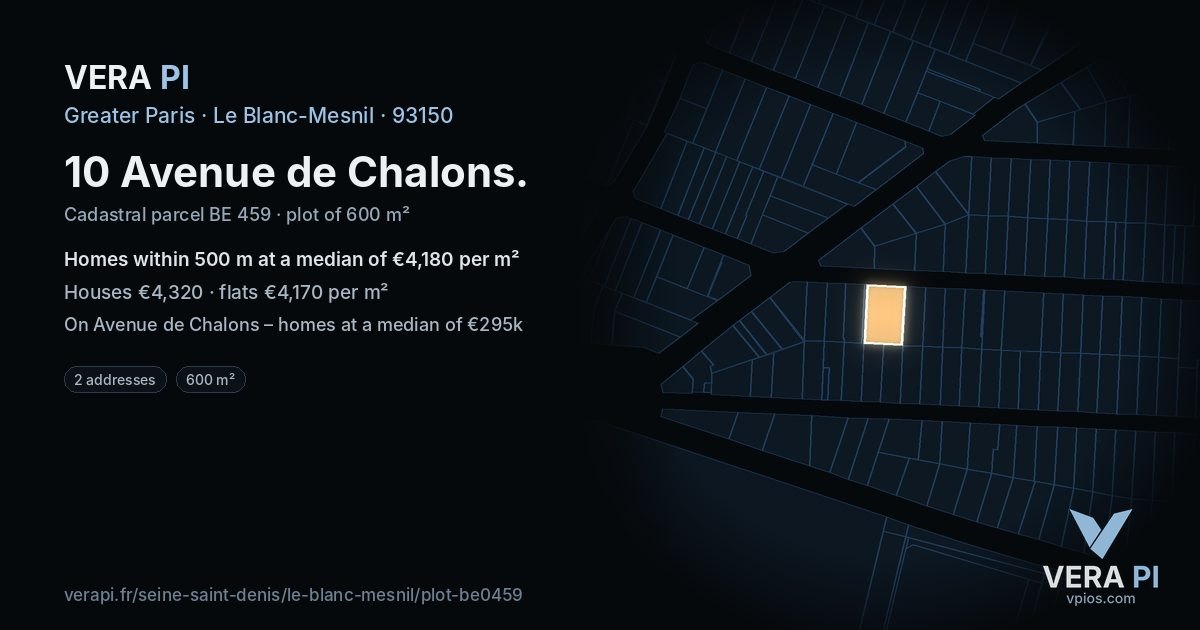 10 Avenue de Chalons, Le Blanc-Mesnil at night – the plot lit, the parcels around coloured by the prices near them