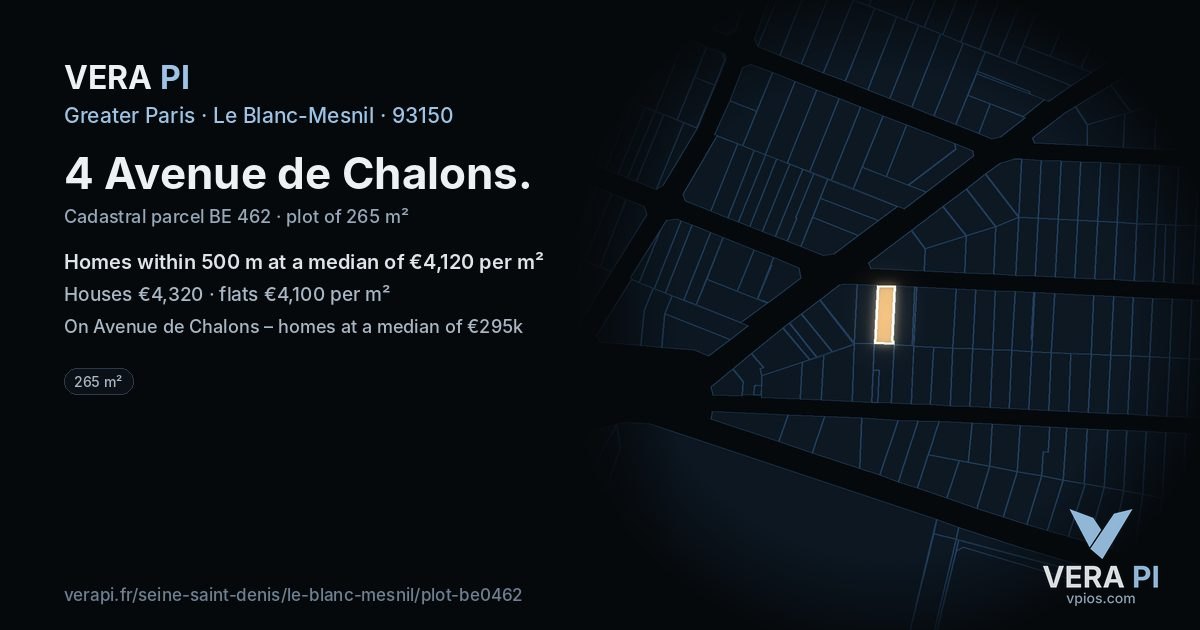 4 Avenue de Chalons, Le Blanc-Mesnil at night – the plot lit, the parcels around coloured by the prices near them