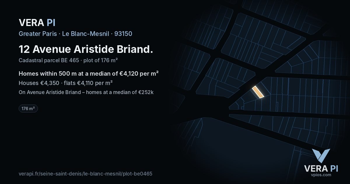 12 Avenue Aristide Briand, Le Blanc-Mesnil at night – the plot lit, the parcels around coloured by the prices near them