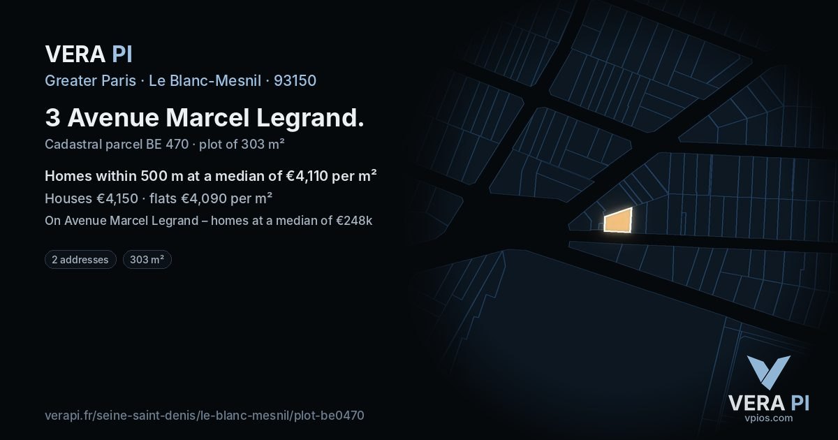 3 Avenue Marcel Legrand, Le Blanc-Mesnil at night – the plot lit, the parcels around coloured by the prices near them