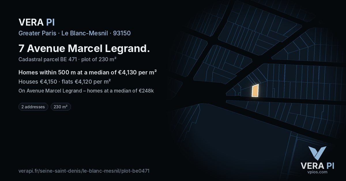 7 Avenue Marcel Legrand, Le Blanc-Mesnil at night – the plot lit, the parcels around coloured by the prices near them