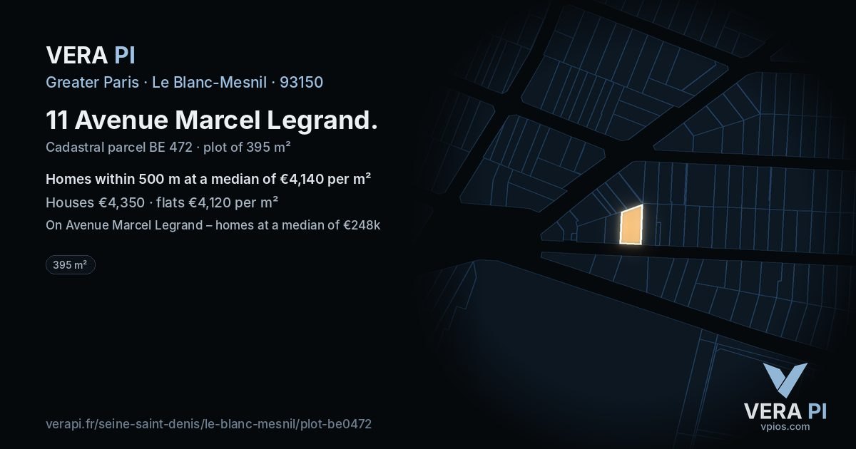 11 Avenue Marcel Legrand, Le Blanc-Mesnil at night – the plot lit, the parcels around coloured by the prices near them