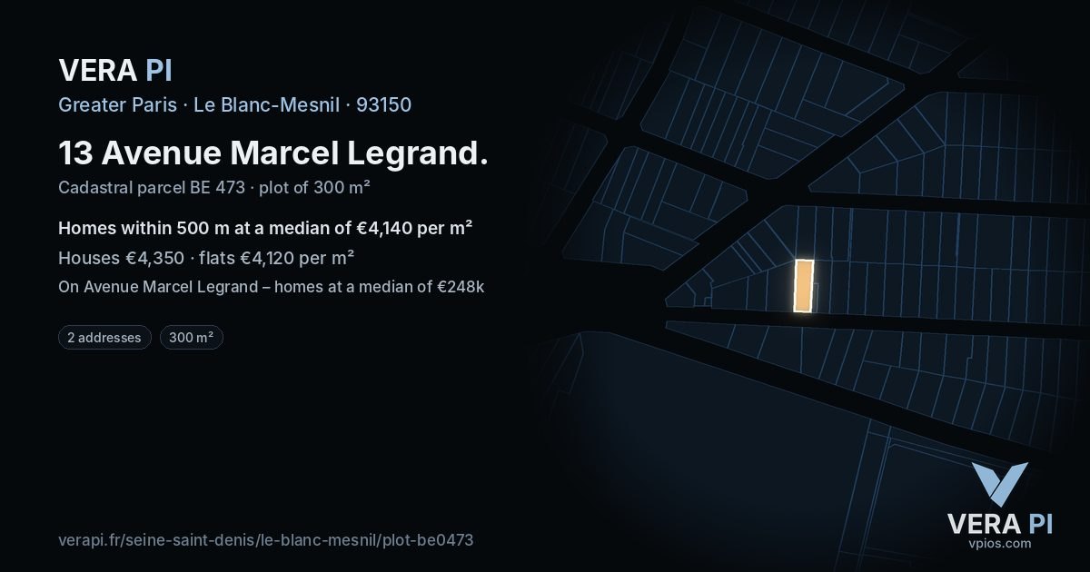 13 Avenue Marcel Legrand, Le Blanc-Mesnil at night – the plot lit, the parcels around coloured by the prices near them